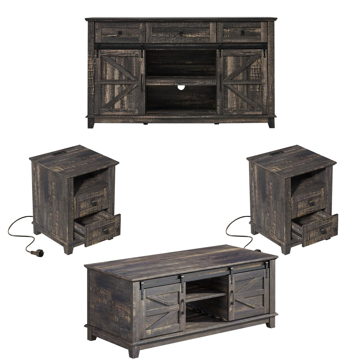 4 Piece Farmhouse Living Room Table Set with TV Stand Coffee Table and End Tables E34314