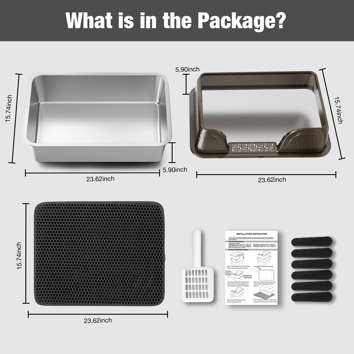 XXL Stainless Steel High Sided Cat Litter Box with Mat & Scoop K5456