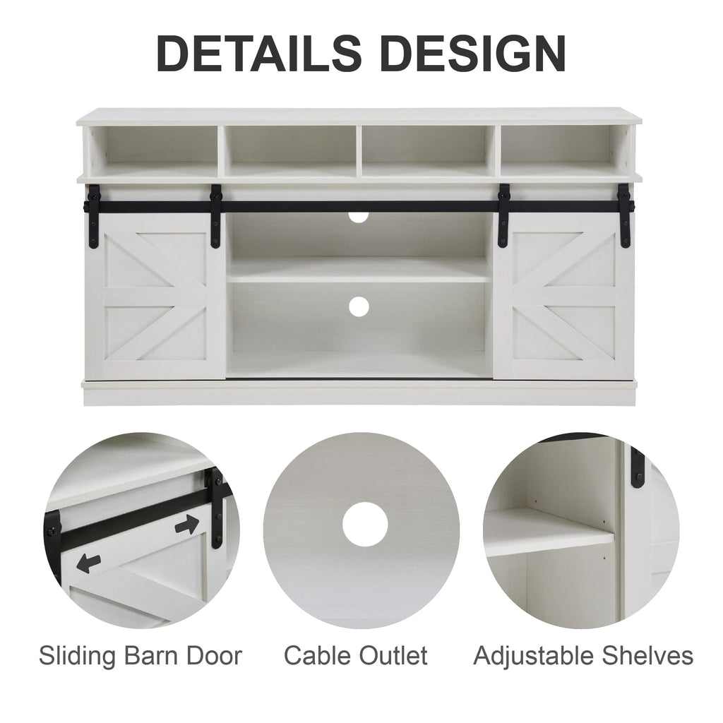 White 58 Inch Farmhouse TV Stand with Sliding Barn Doors G659