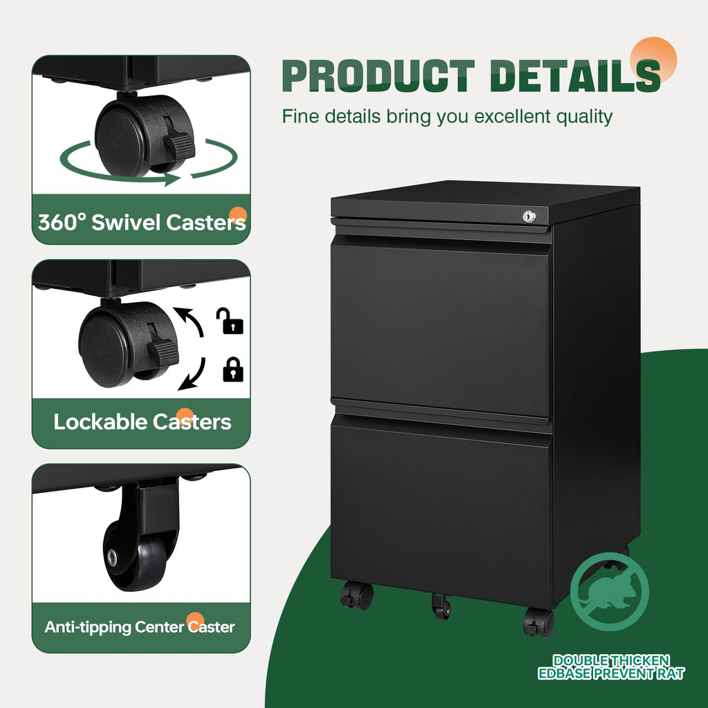 2 Drawer Black Metal Mobile File Cabinet with Lock B213347