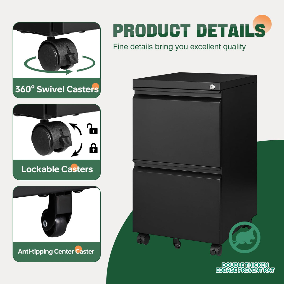 2 Drawer Black Metal Mobile File Cabinet with Lock B213347