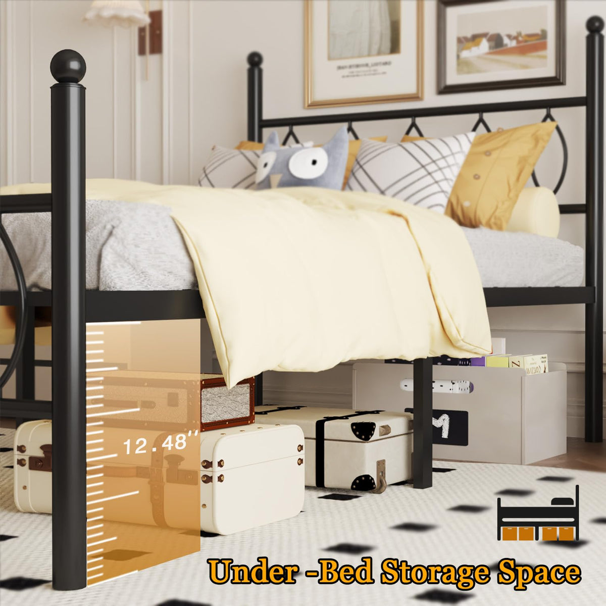Black 14 Inch Metal Platform Twin Bed Frame with Headboard P5374
