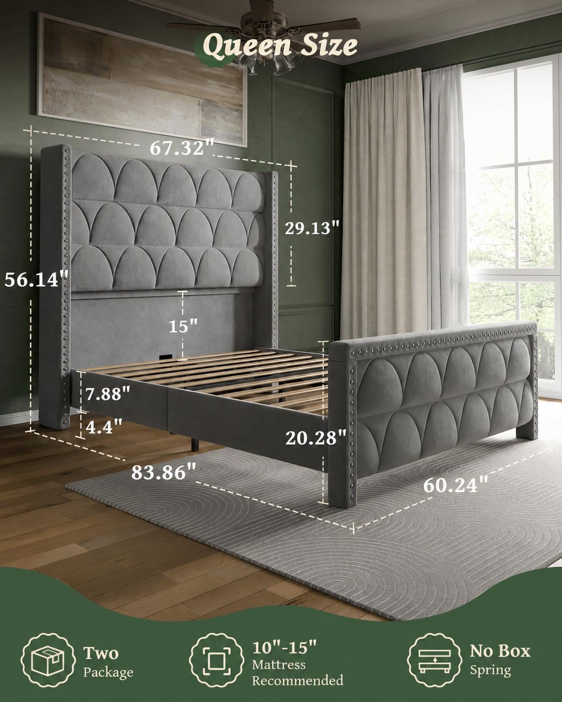 Queen Size Velvet Upholstered Platform Bed Frame R344