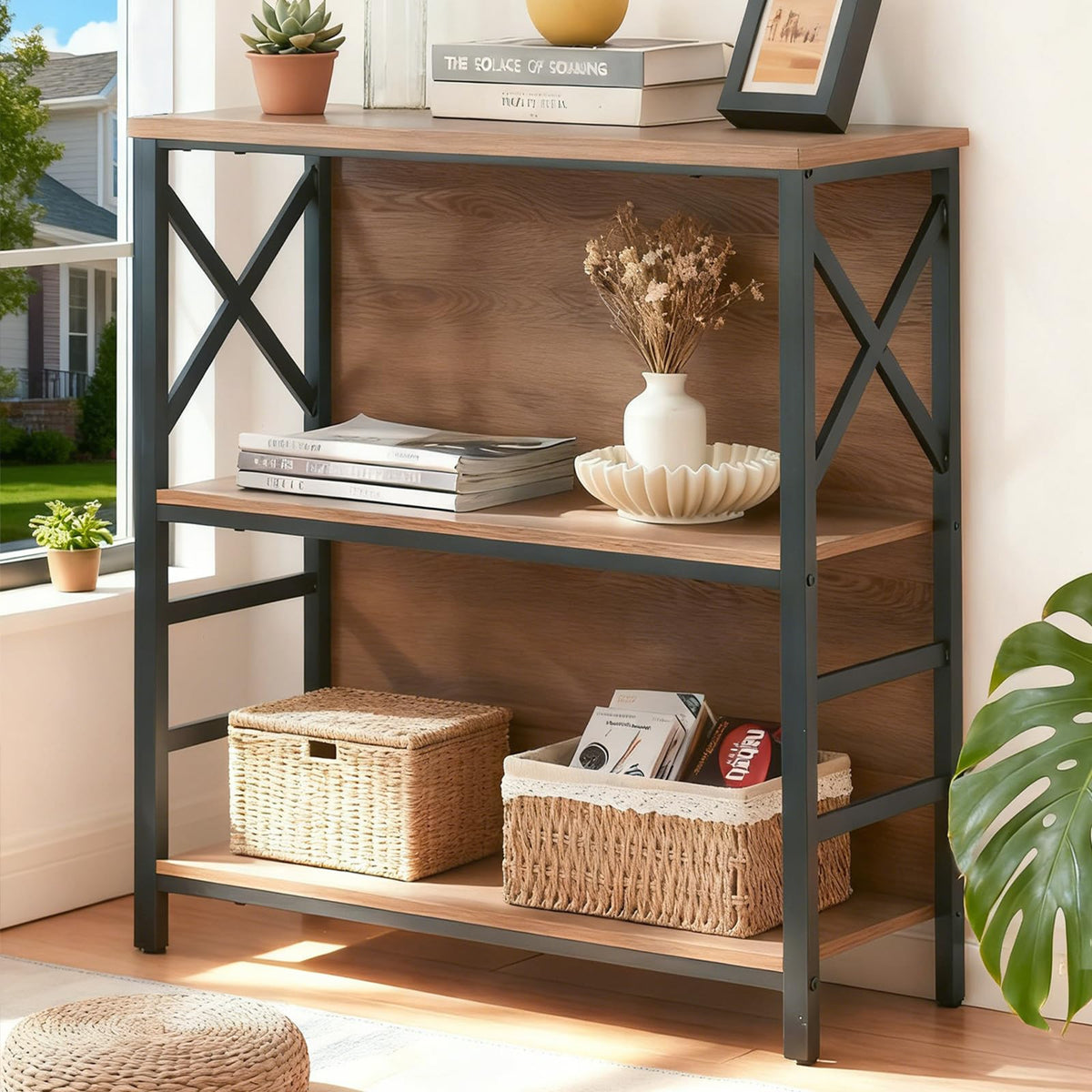 3 Tier Rustic Brown Bookshelf with Metal Frame and Backboard Z918898