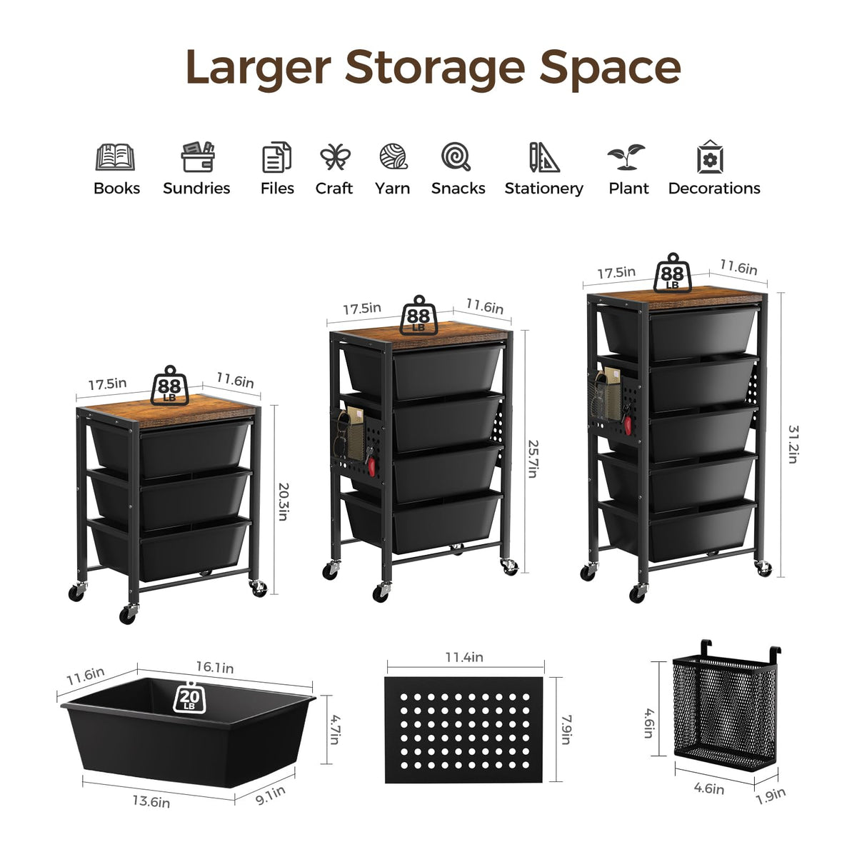 3 Drawer Rolling Cart with Lockable Wheels and Wooden Tabletop K96364
