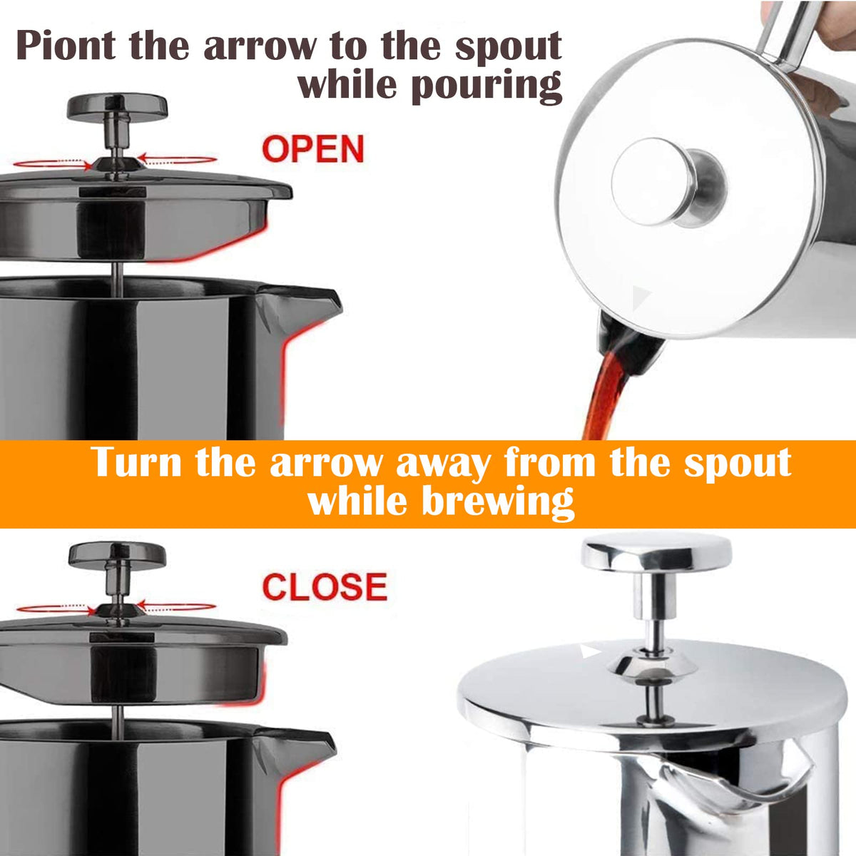 Double Insulated 304 Stainless Steel French Press Coffee Maker 1000ml V517575