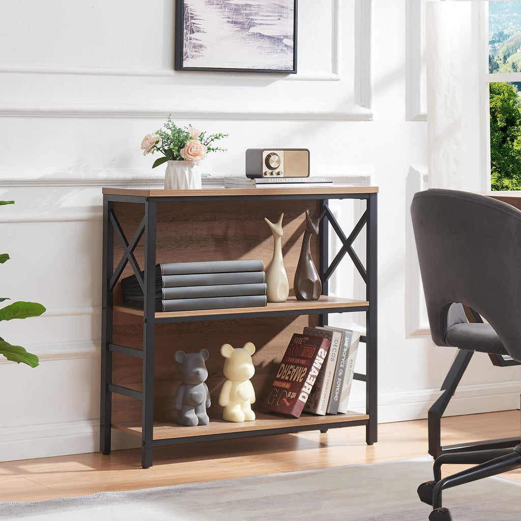 3 Tier Rustic Brown Bookshelf with Metal Frame and Backboard Z918898