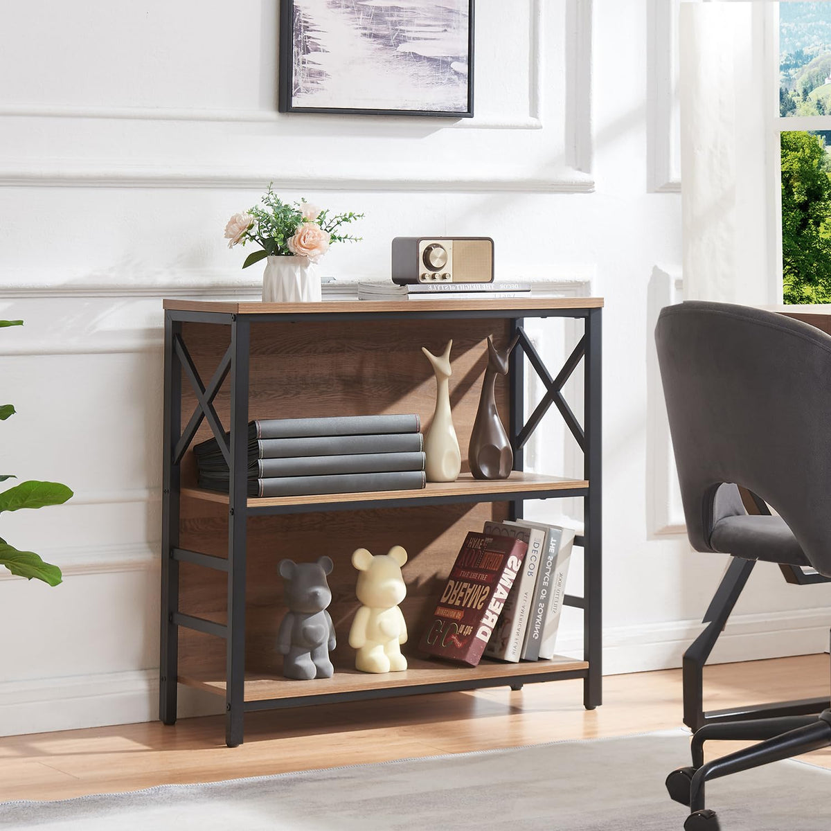 3 Tier Rustic Brown Bookshelf with Metal Frame and Backboard Z918898