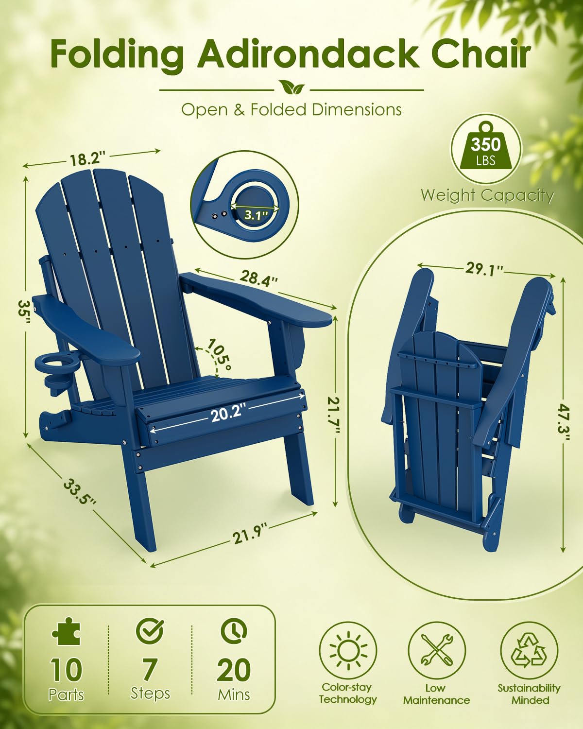 Blue 3-Piece Folding Adirondack Chair Set with Side Table HDPE T880