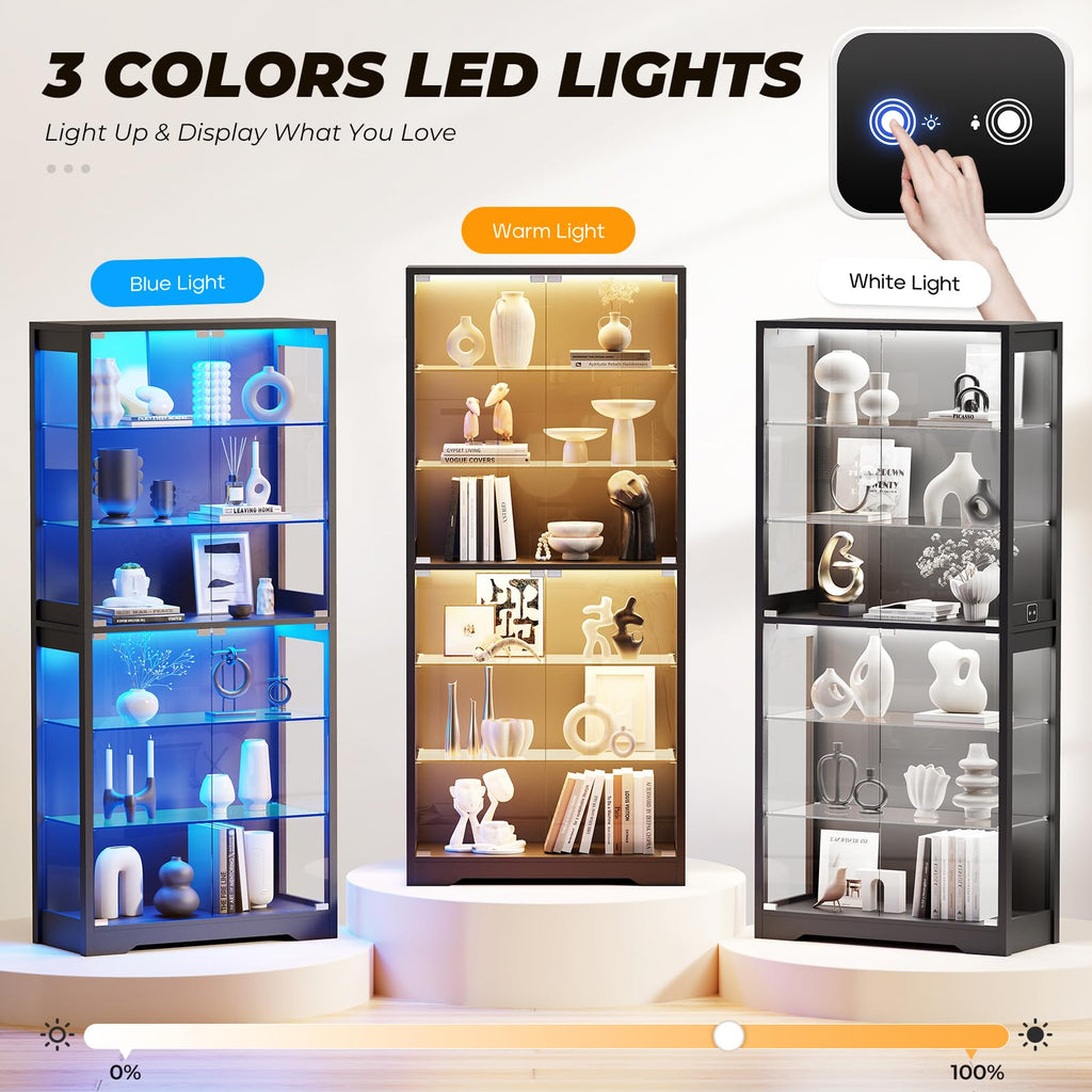 71" Tall Display Cabinet with Glass Door and 3-Color Lights, Black H68301