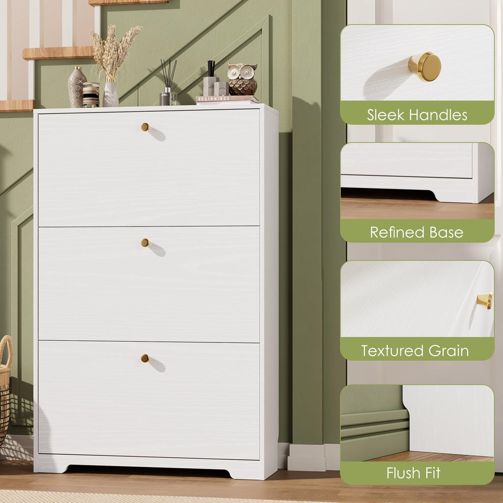 White 3 Flip Drawers Narrow Shoe Storage Cabinet G4788