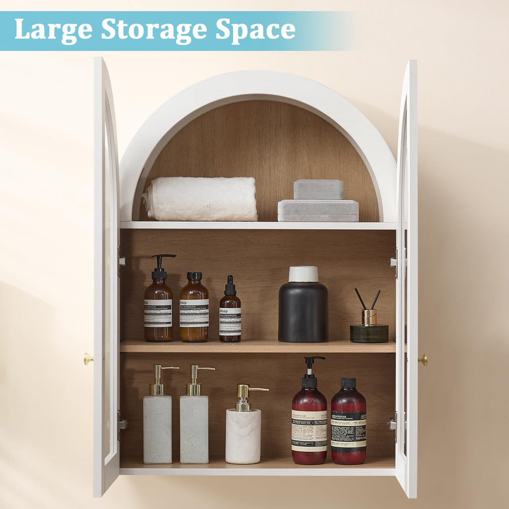 White Arched Wall Mount Bathroom Cabinet with Glass Doors Q105