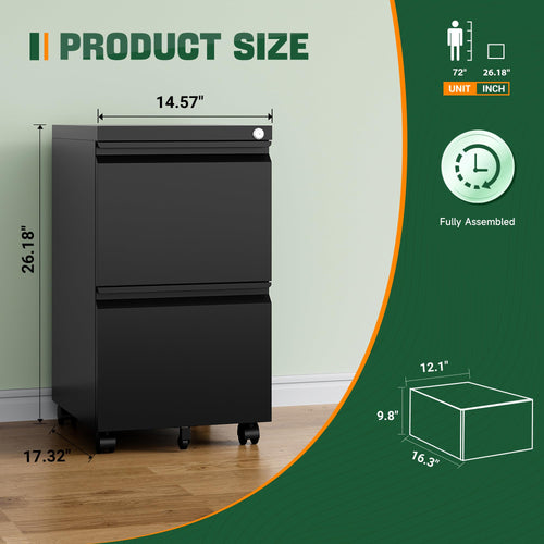 2 Drawer Black Metal Mobile File Cabinet with Lock B213347