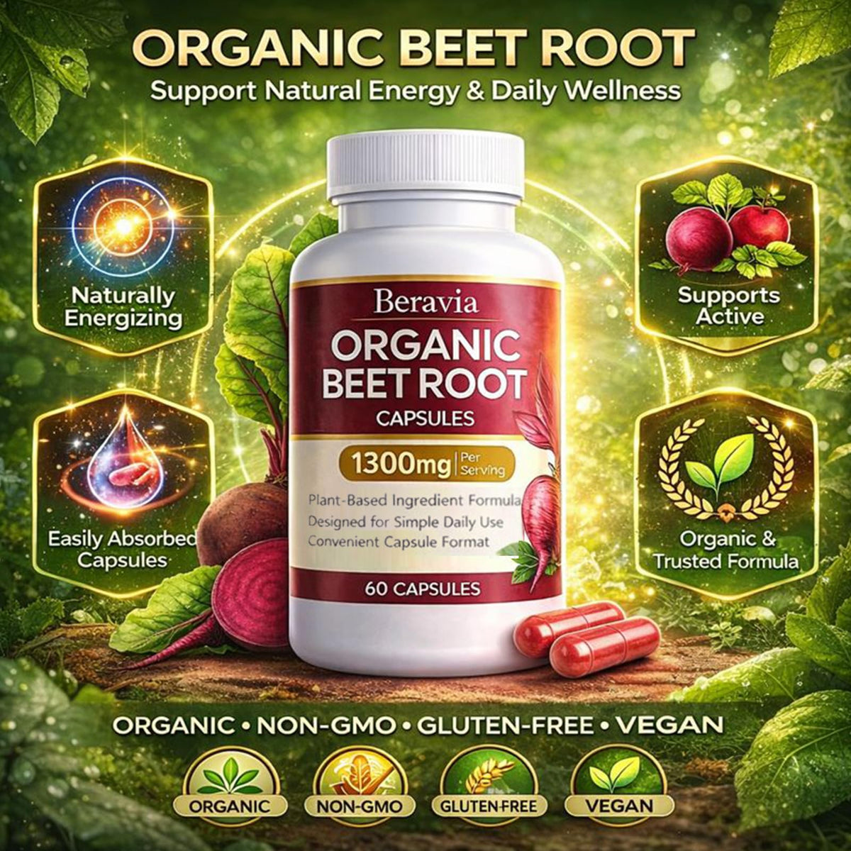 Organic Beet Root Capsules 1300 mg 60 Capsules B601191