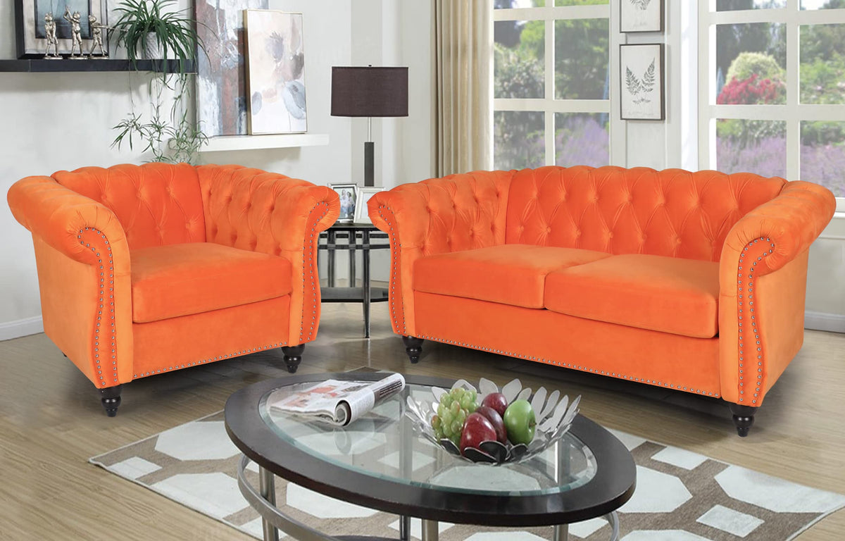 Orange Velvet 3 Pieces Sofa Set X49971