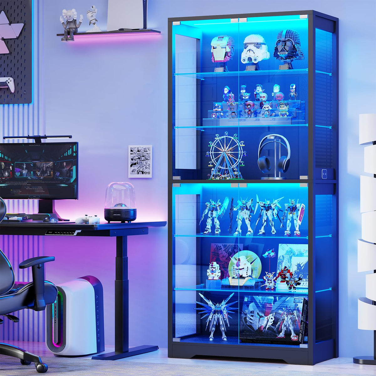 71" Tall Display Cabinet with Glass Door and 3-Color Lights, Black H68301
