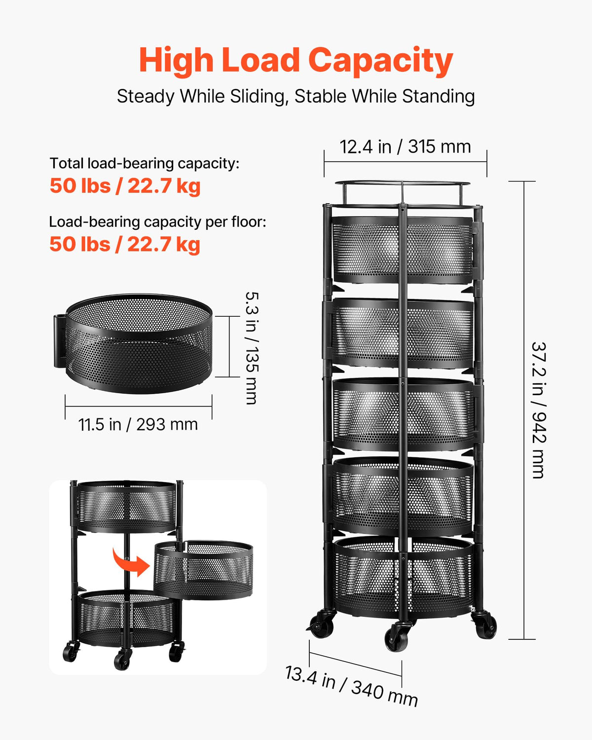 5 Tier Rotating Storage Rack Cart on Wheels, Black I339531