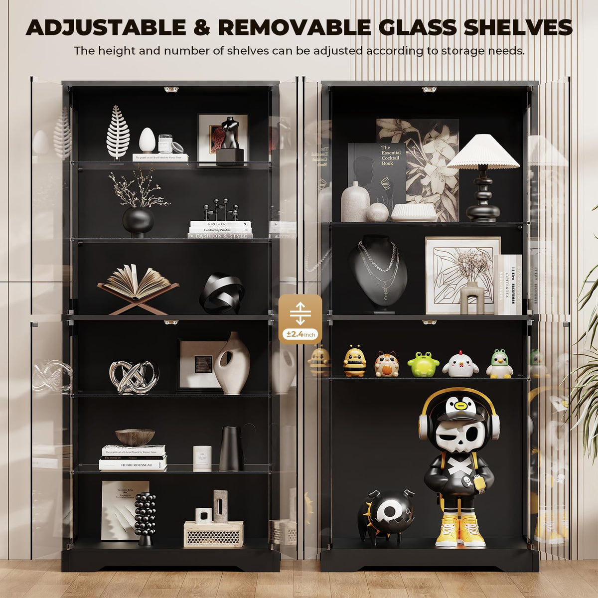 71" Tall Display Cabinet with Glass Door and 3-Color Lights, Black H68301
