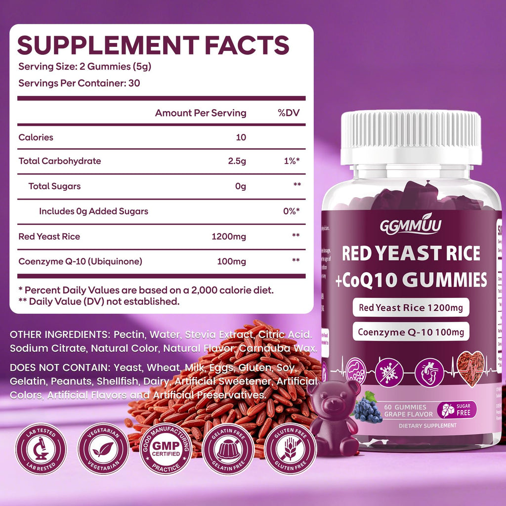 Red Yeast Rice with CoQ10 Gummies 1200mg Sugar Free 120 Count X735