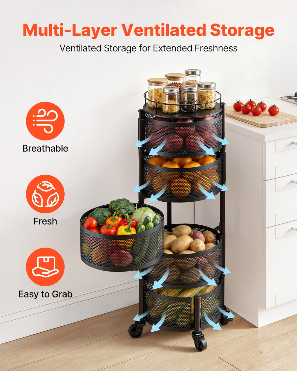 5 Tier Rotating Storage Rack Cart on Wheels, Black I339531