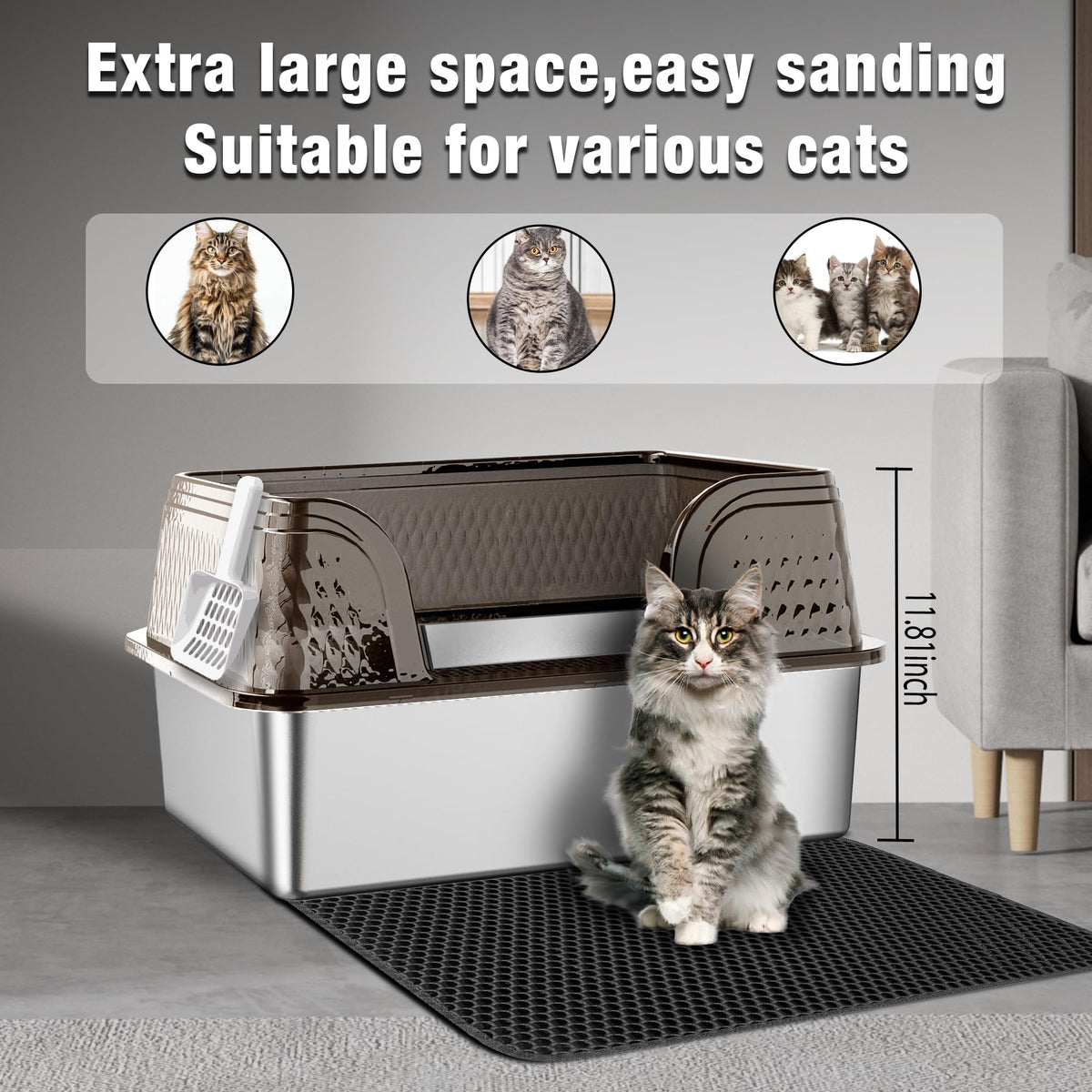 XXL Stainless Steel High Sided Cat Litter Box with Mat & Scoop K5456