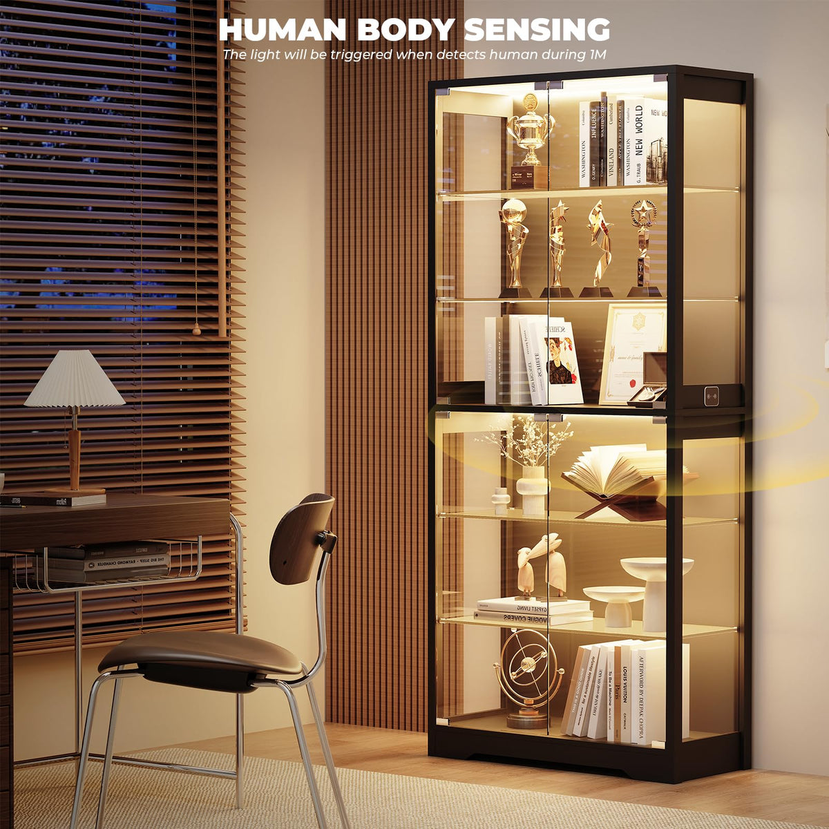 71" Tall Display Cabinet with Glass Door and 3-Color Lights, Black H68301