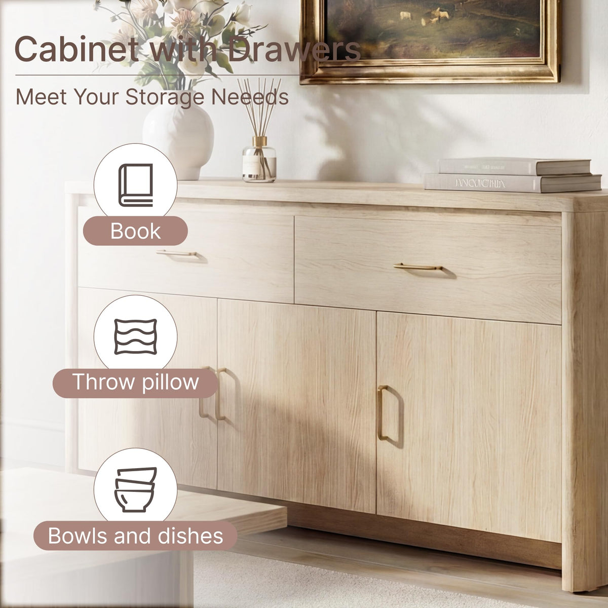 59" Wood Sideboard Buffet Cabinet with Adjustable Shelves & Drawers P93630