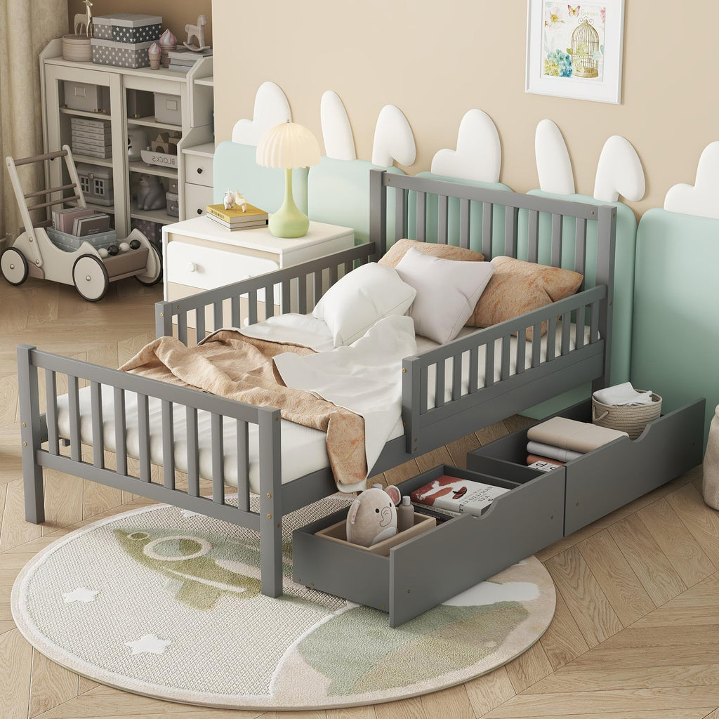 Gray Twin Size Wood Bed Frame with Storage Drawers R424316