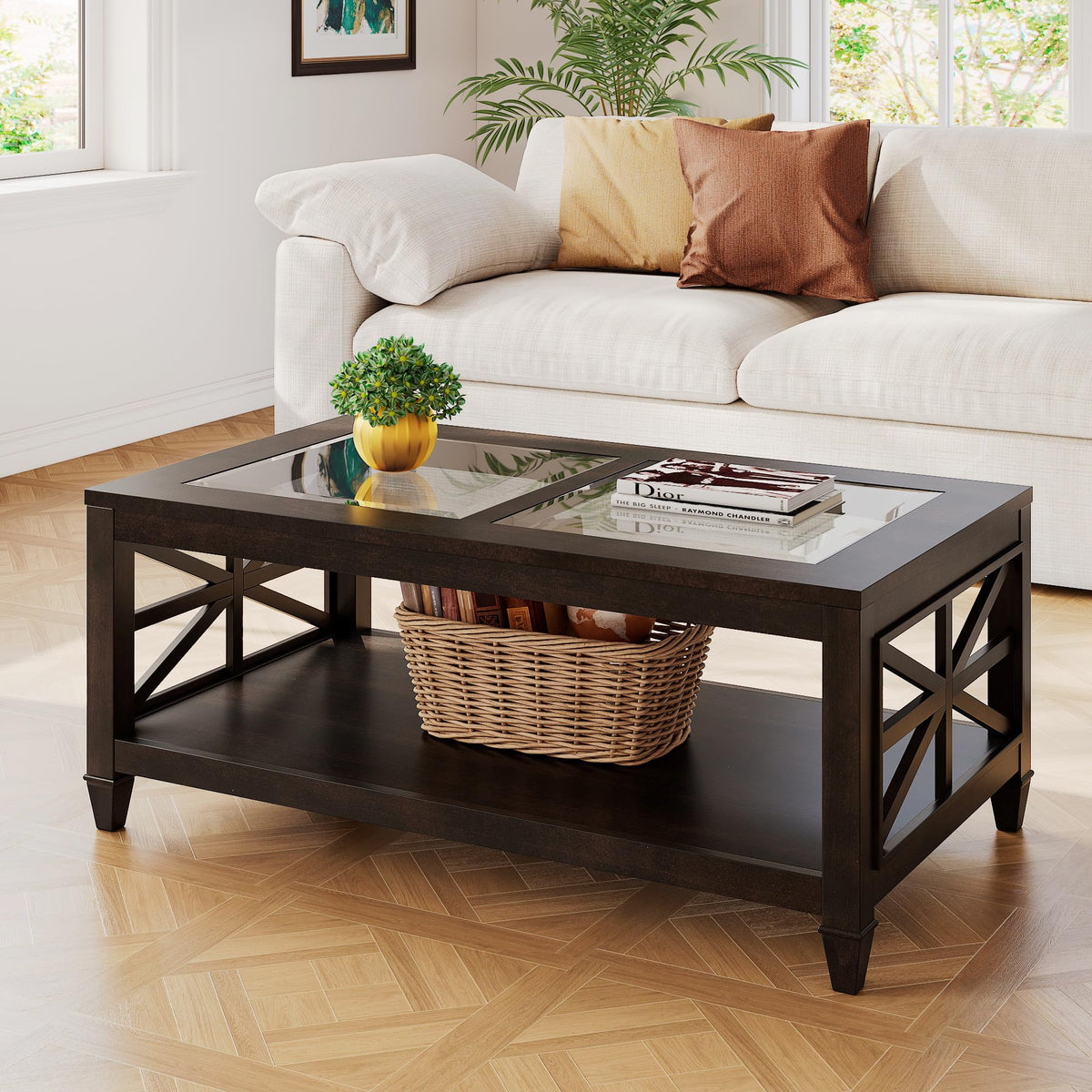 45.5"W Solid Wood Glass Coffee Table A3348