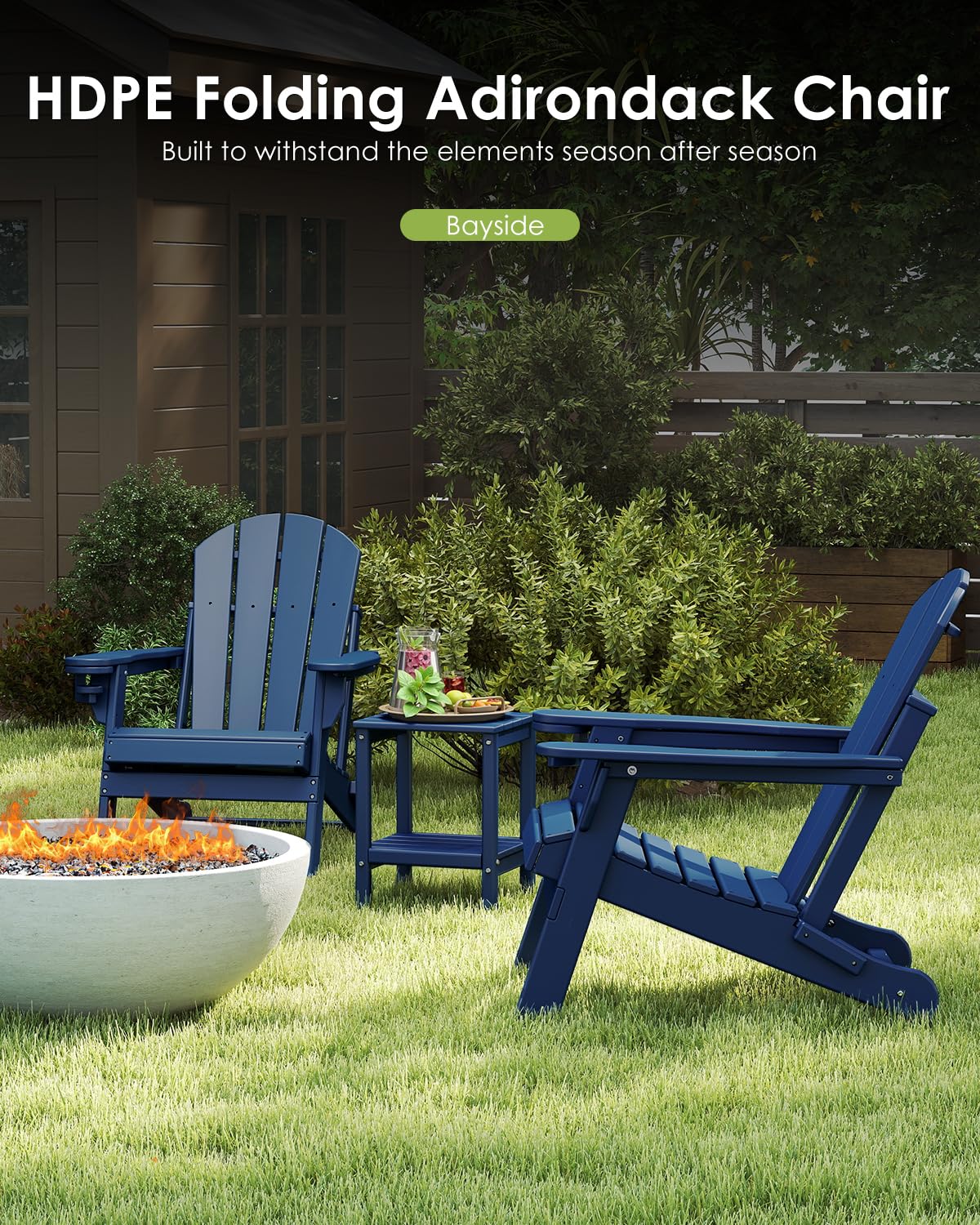 Blue 3-Piece Folding Adirondack Chair Set with Side Table HDPE T880