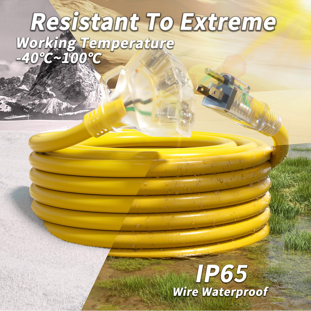 12 FT 12 Gauge Yellow Heavy Duty Outdoor Extension Cord Waterproof Y1676