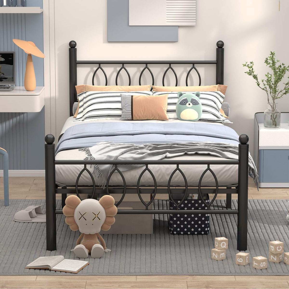 Black 14 Inch Metal Platform Twin Bed Frame with Headboard P5374