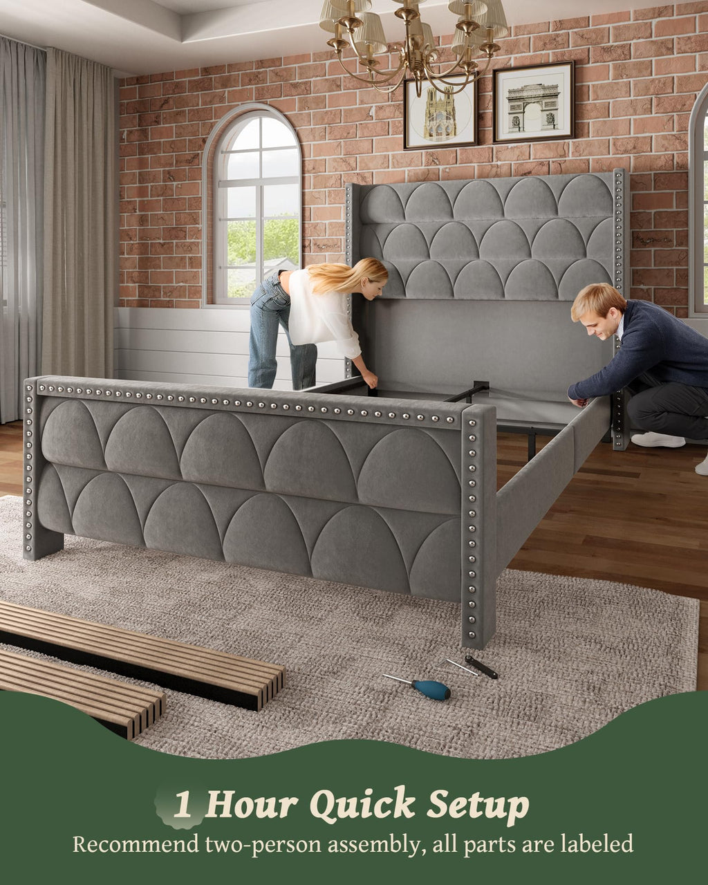 Queen Size Velvet Upholstered Platform Bed Frame R344