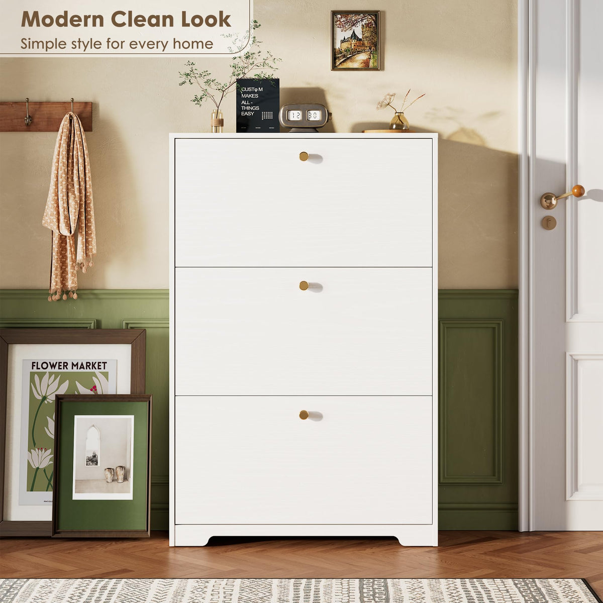 White 3 Flip Drawers Narrow Shoe Storage Cabinet G4788