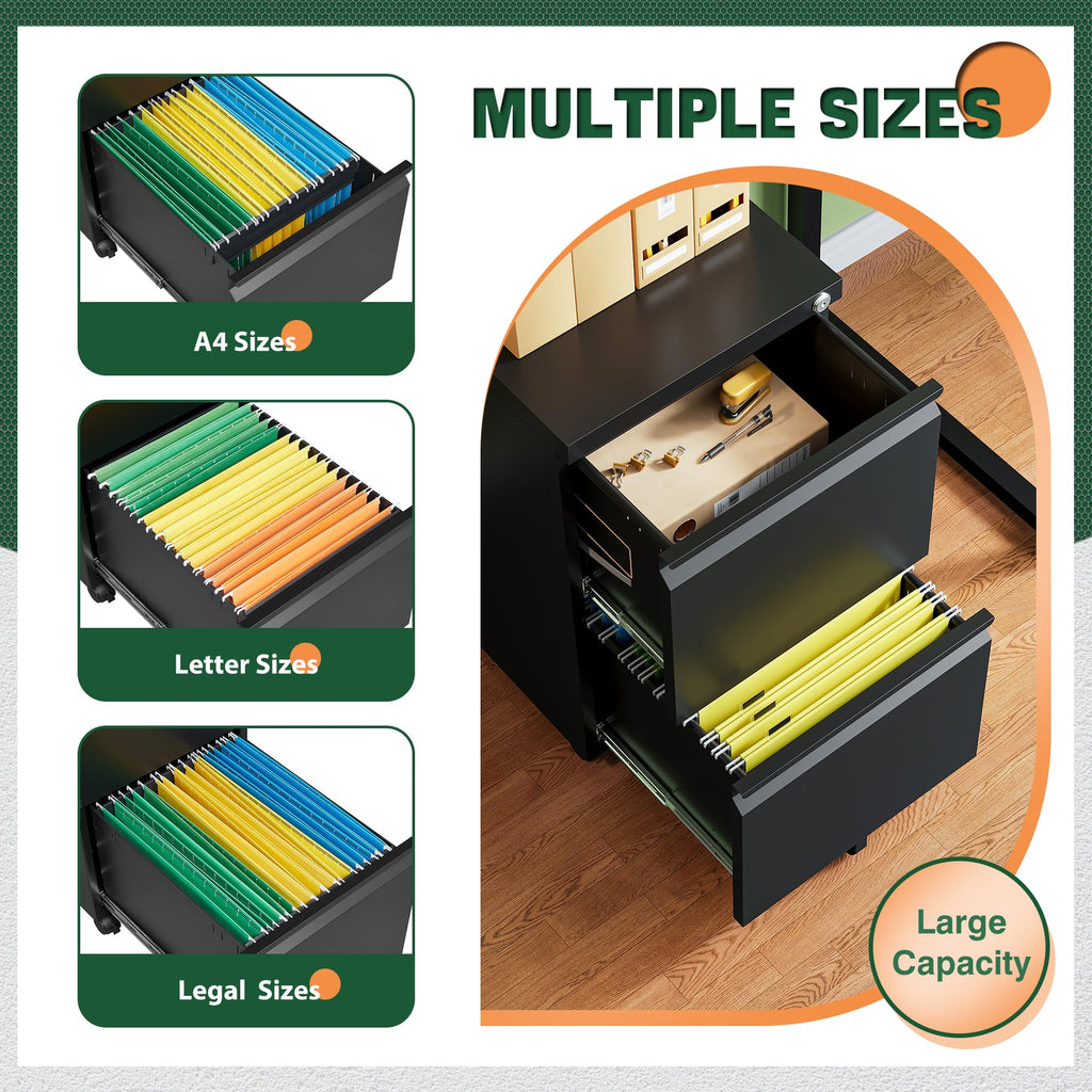 2 Drawer Black Metal Mobile File Cabinet with Lock B213347