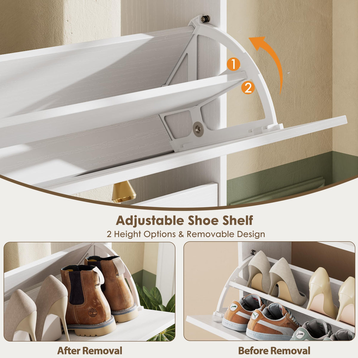 White 3 Flip Drawers Narrow Shoe Storage Cabinet G4788