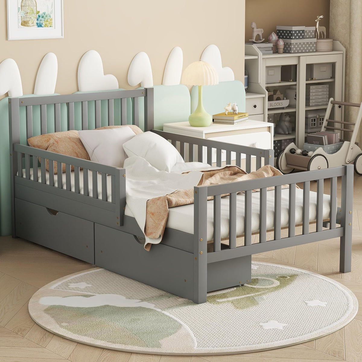Gray Twin Size Wood Bed Frame with Storage Drawers R424316
