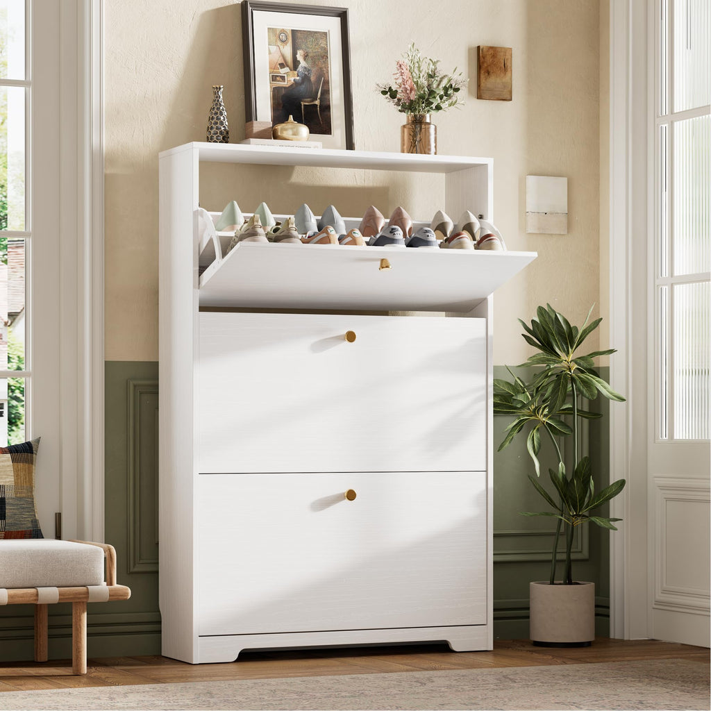 White 3 Flip Drawers Narrow Shoe Storage Cabinet G4788