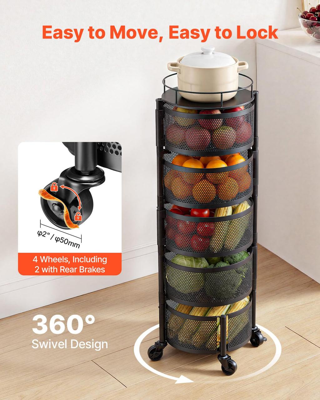 5 Tier Rotating Storage Rack Cart on Wheels, Black I339531