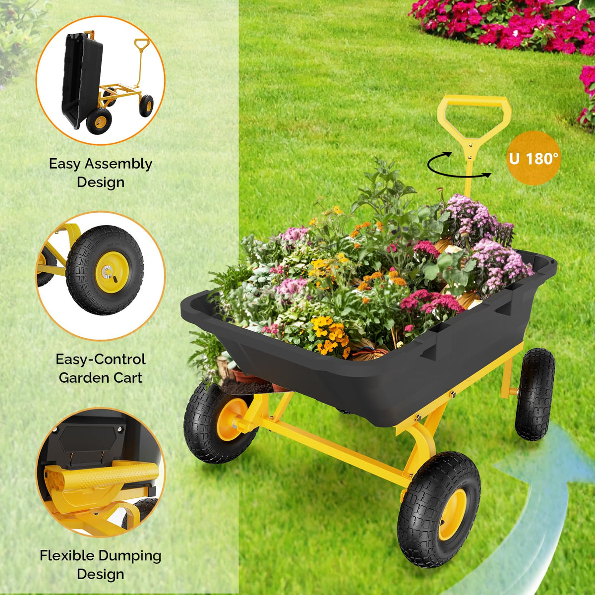 Heavy Duty Dump Cart Wagon, 770LBS Poly Wheelbarrow, 10in All-Terrain Pneumatic Tires C449780