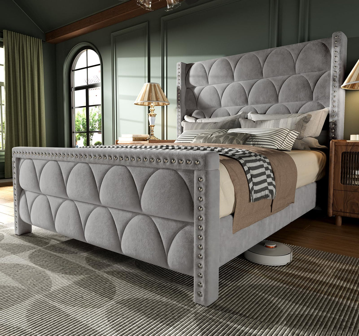 Queen Size Velvet Upholstered Platform Bed Frame R344