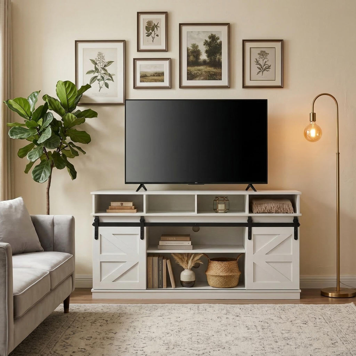 White 58 Inch Farmhouse TV Stand with Sliding Barn Doors G659