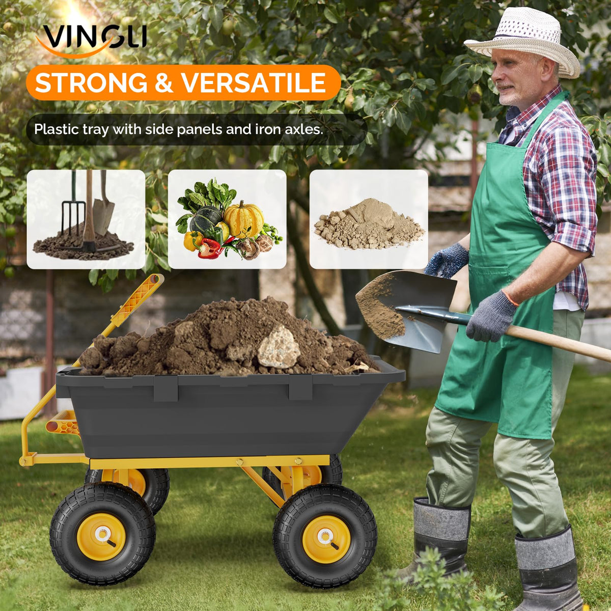 Heavy Duty Dump Cart Wagon, 770LBS Poly Wheelbarrow, 10in All-Terrain Pneumatic Tires C449780