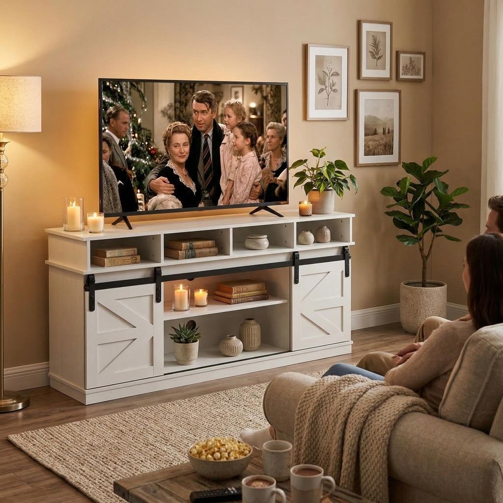 White 58 Inch Farmhouse TV Stand with Sliding Barn Doors G659