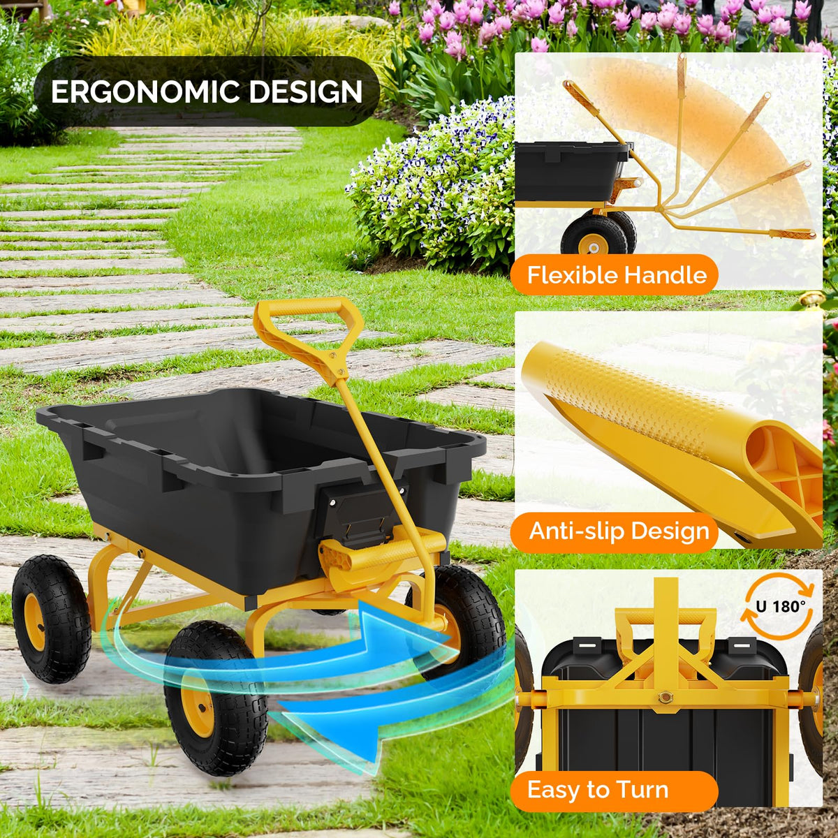 Heavy Duty Dump Cart Wagon, 770LBS Poly Wheelbarrow, 10in All-Terrain Pneumatic Tires C449780