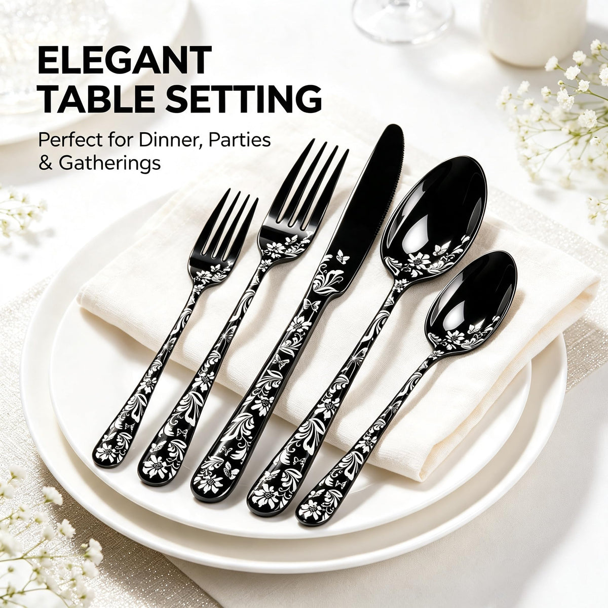 60 Piece White Floral Pattern Stainless Steel Silverware Set X63572