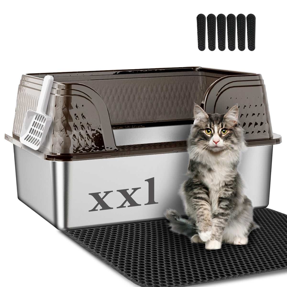 XXL Stainless Steel High Sided Cat Litter Box with Mat & Scoop K5456