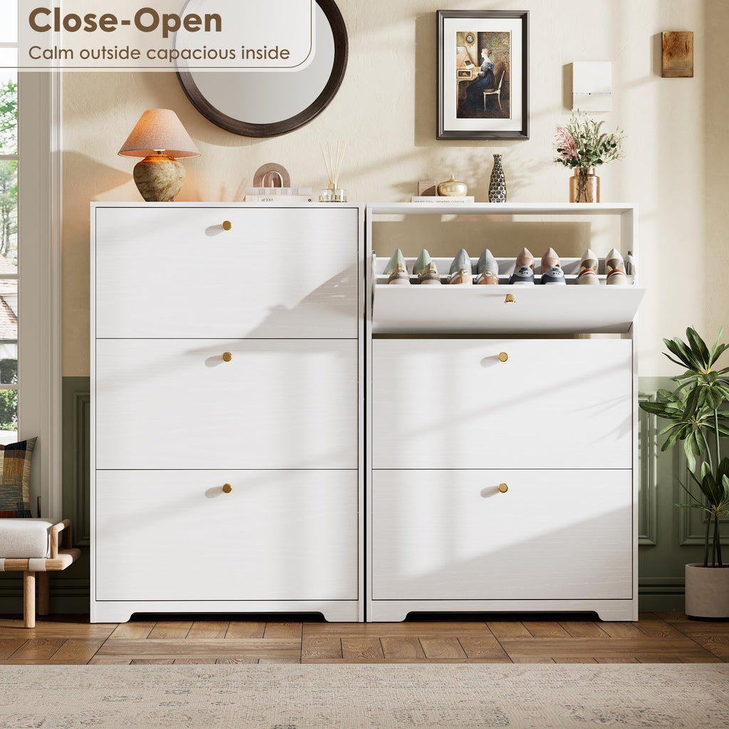 White 3 Flip Drawers Narrow Shoe Storage Cabinet G4788