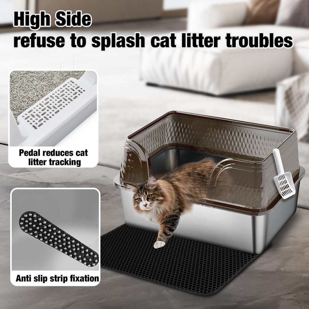 XXL Stainless Steel High Sided Cat Litter Box with Mat & Scoop K5456