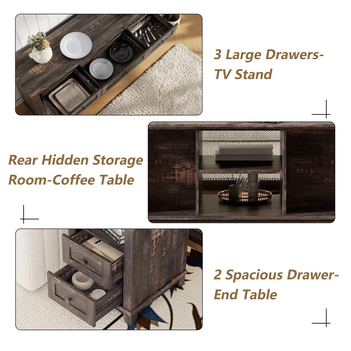 4 Piece Farmhouse Living Room Table Set with TV Stand Coffee Table and End Tables E34314